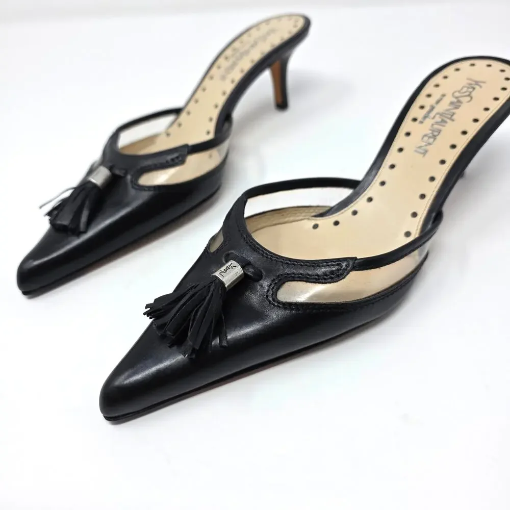 Yves Saint Laurent Vintage Kitten Heel Mules Pointed Toe Black Leather 36.5 6.5